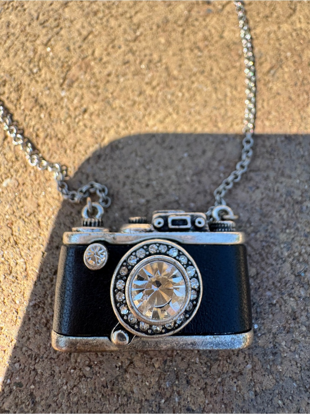 Vintage Fossil Camera Necklace Pendant - Black